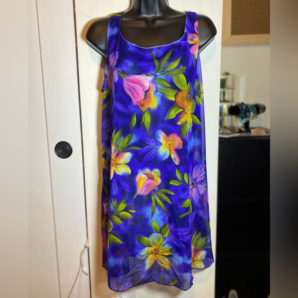 Longitude Blue Tropical Flower Vintage Mesh Dress / Coverup Large